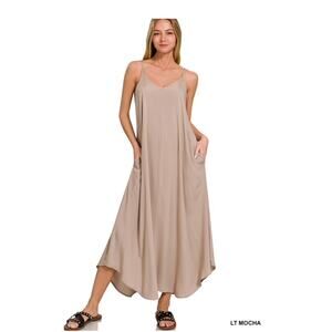 ZENANA - WOVEN ARC HEM CAMI MIDI DRESS WITH FLOWY POCKETS - LT MOCHA